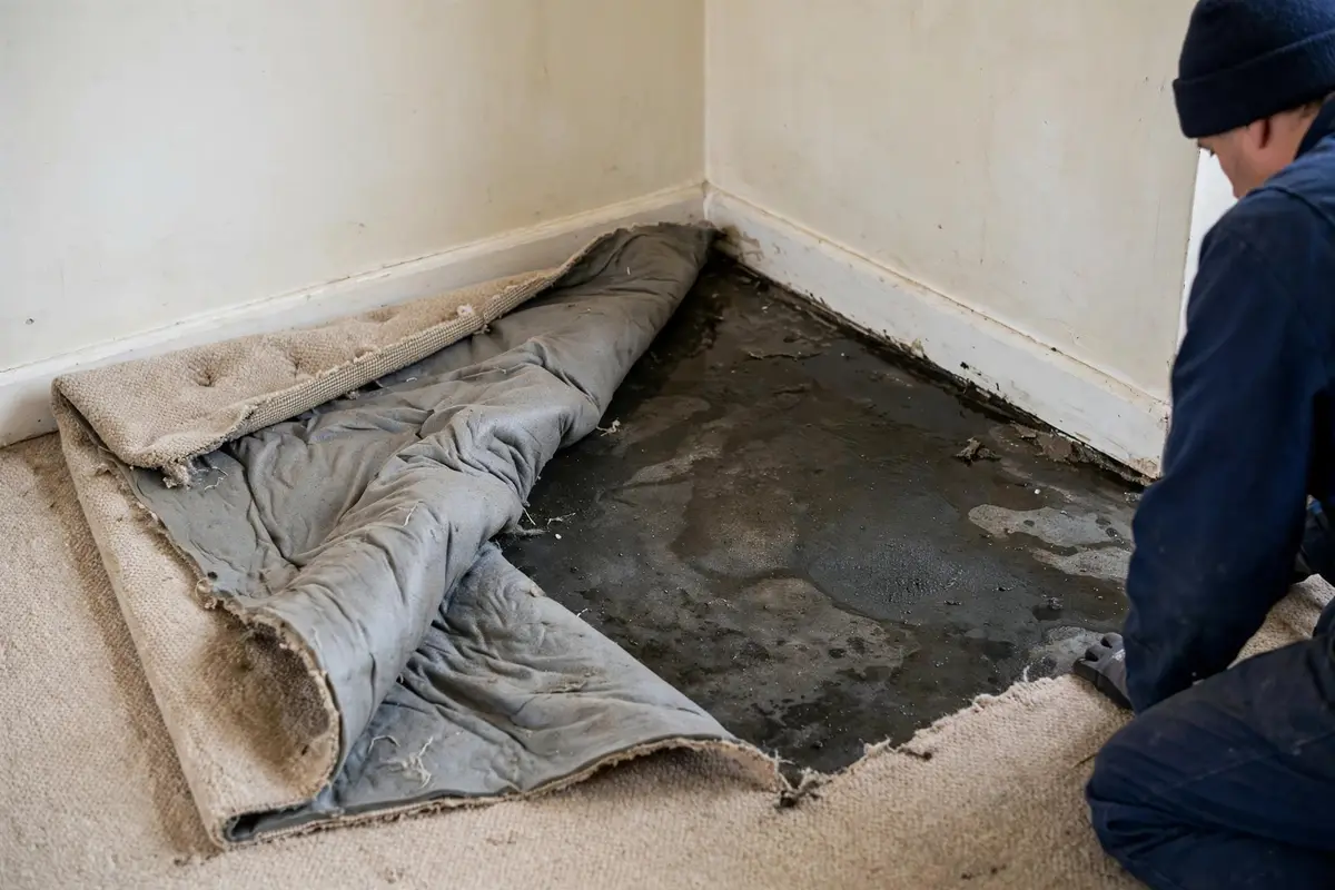 Damp carpet corner pulled back showing moisture underneath