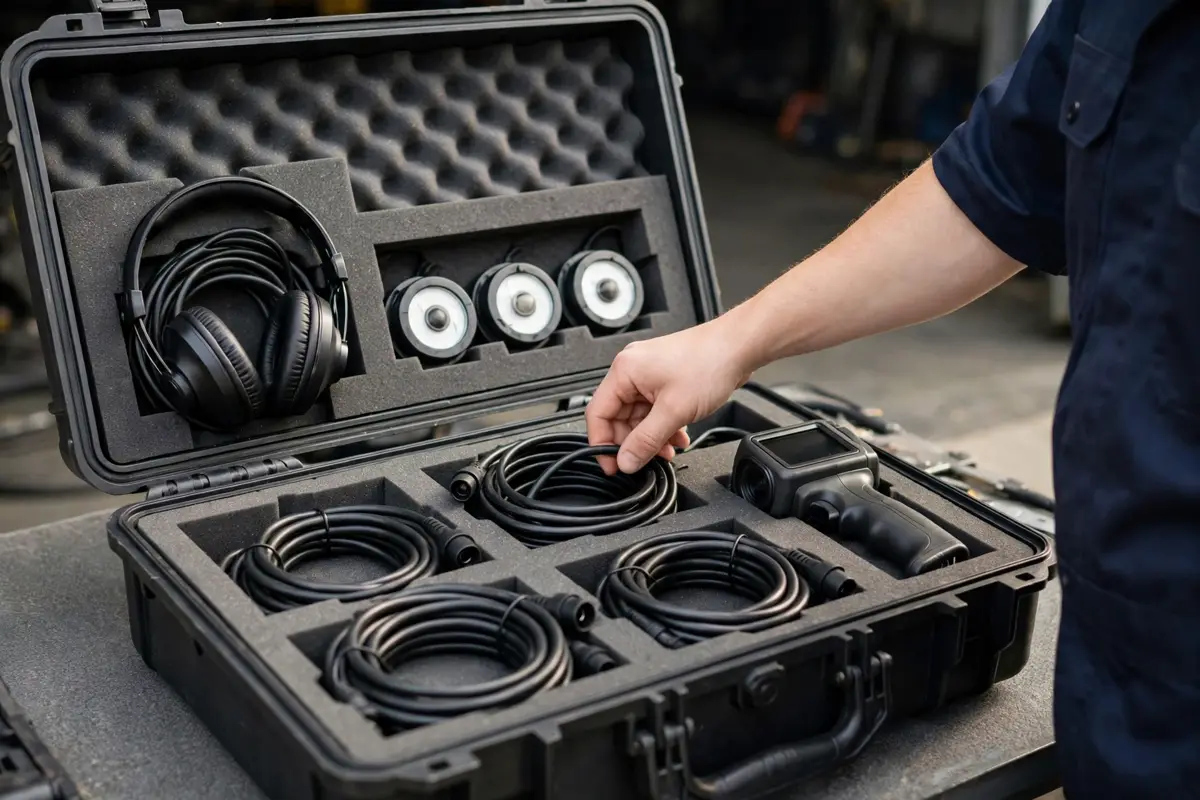 Open case of professional leak detection equipment