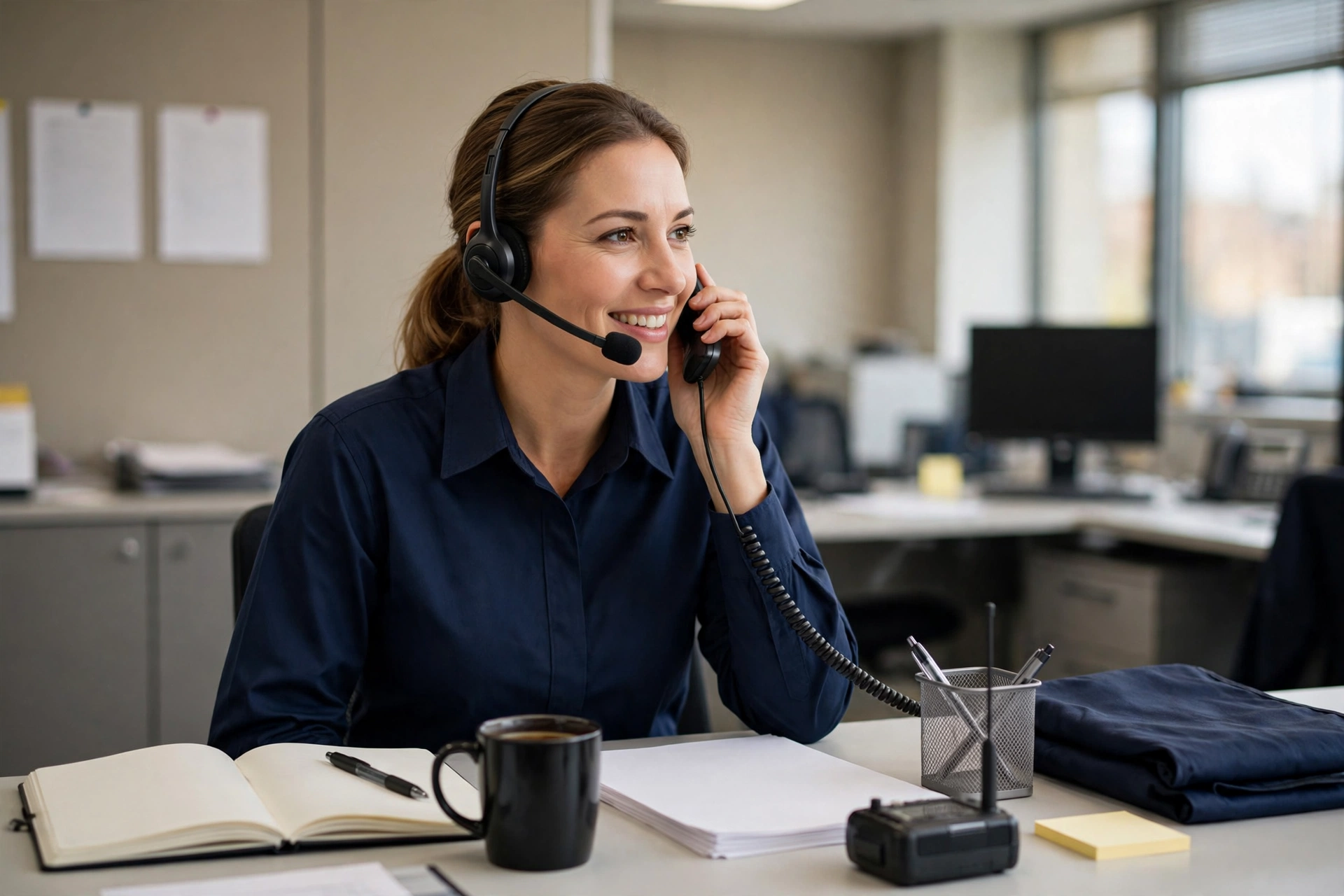 Technician answering a customer call at a dispatch desk
