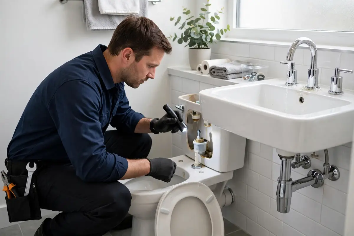 Technician checking household fixtures for a hidden leak
