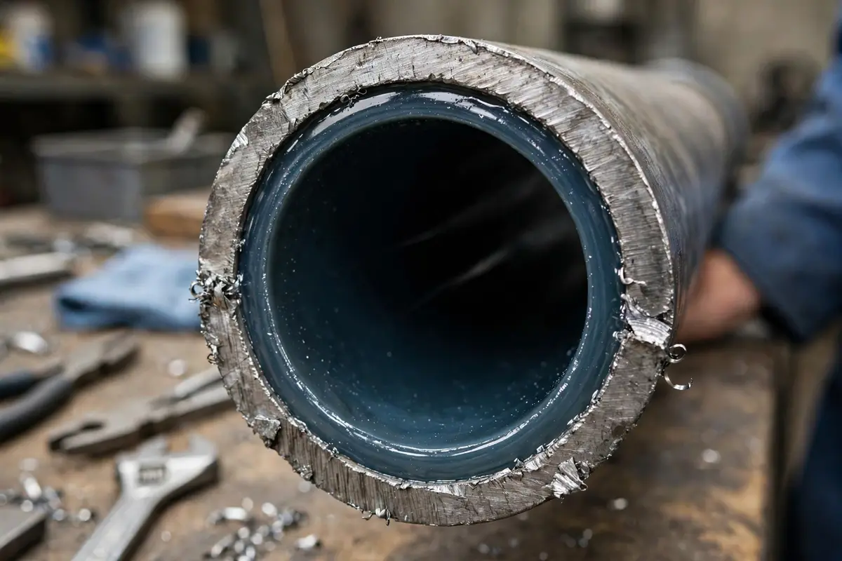 Cross section of a water pipe showing a smooth epoxy liner inside