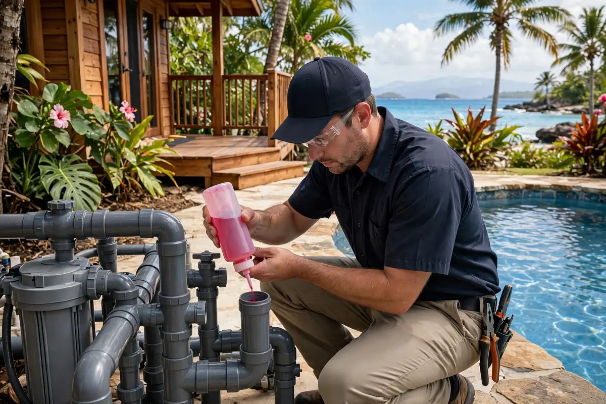 Technician performing a dye test on a Bradenton Beach pool line