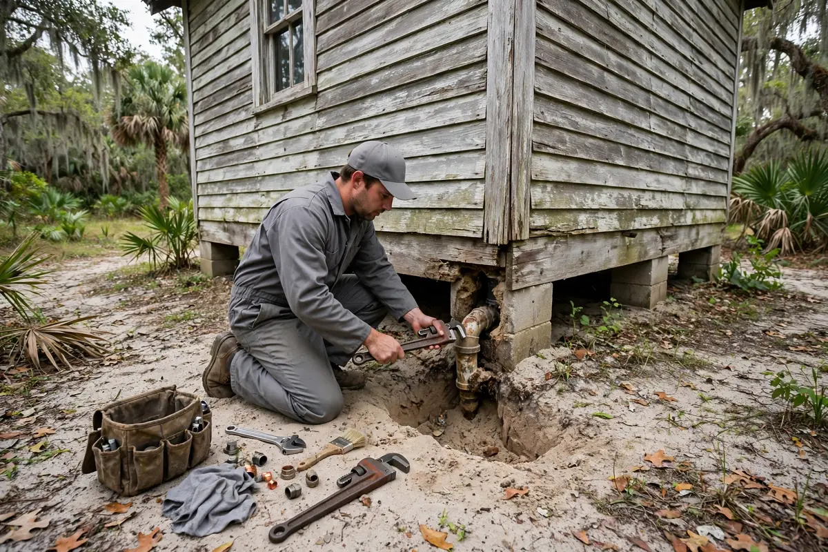 Technician repairing a pipe at a historic Cortez FL home