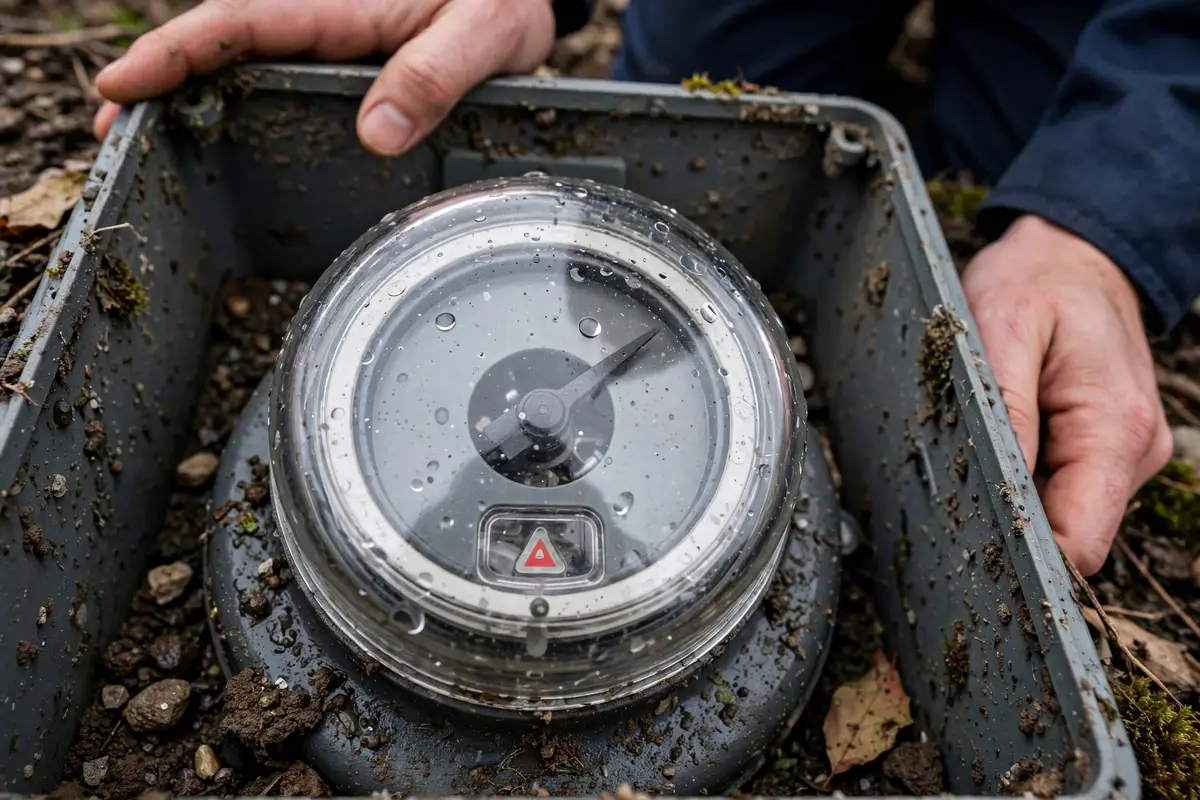 Water meter dial inside an open curb meter box