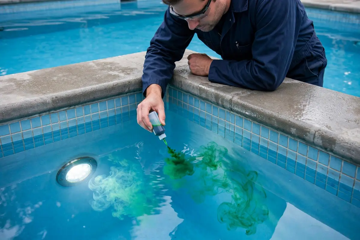 Technician performing a dye test at a pool fitting to find a leak
