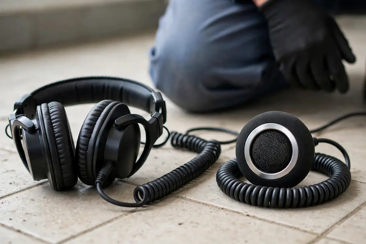 Acoustic leak detection headphones and ground microphone
