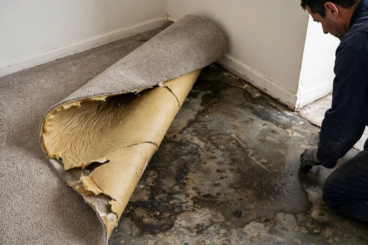 Carpet pulled back revealing a damp concrete slab