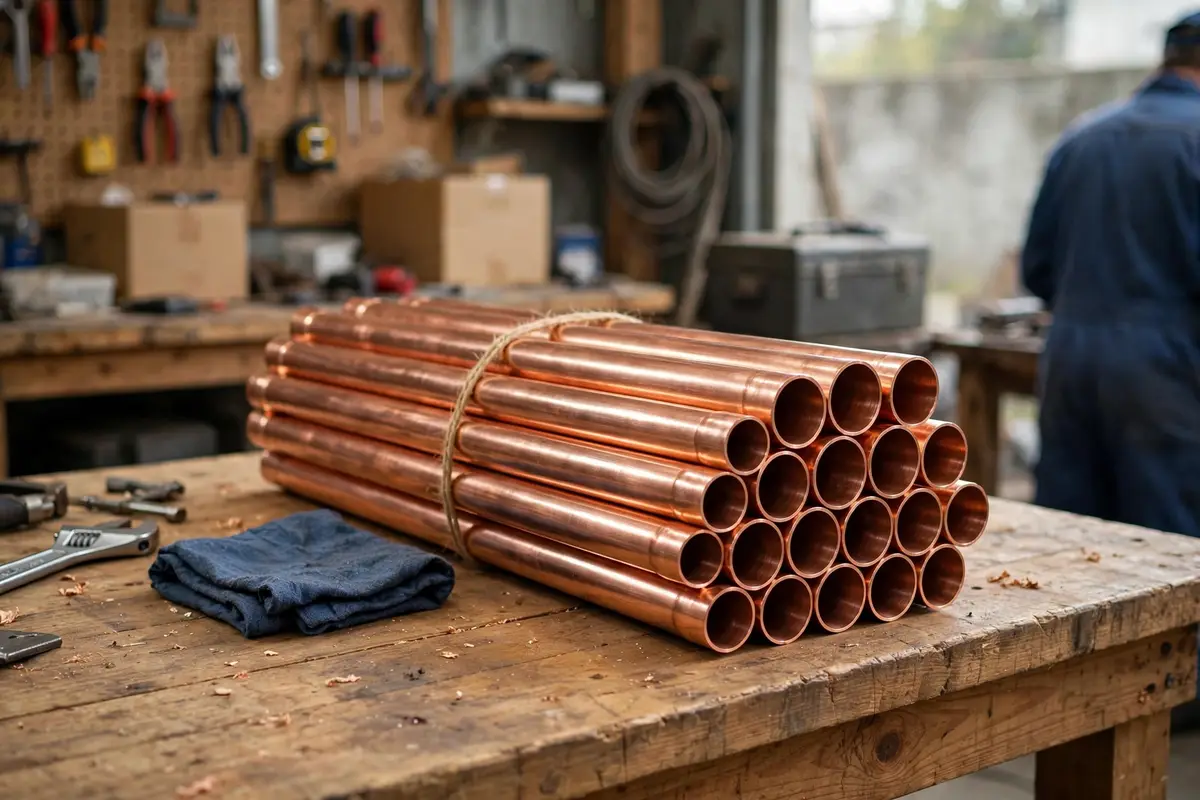 Stacked new copper pipes on a workbench