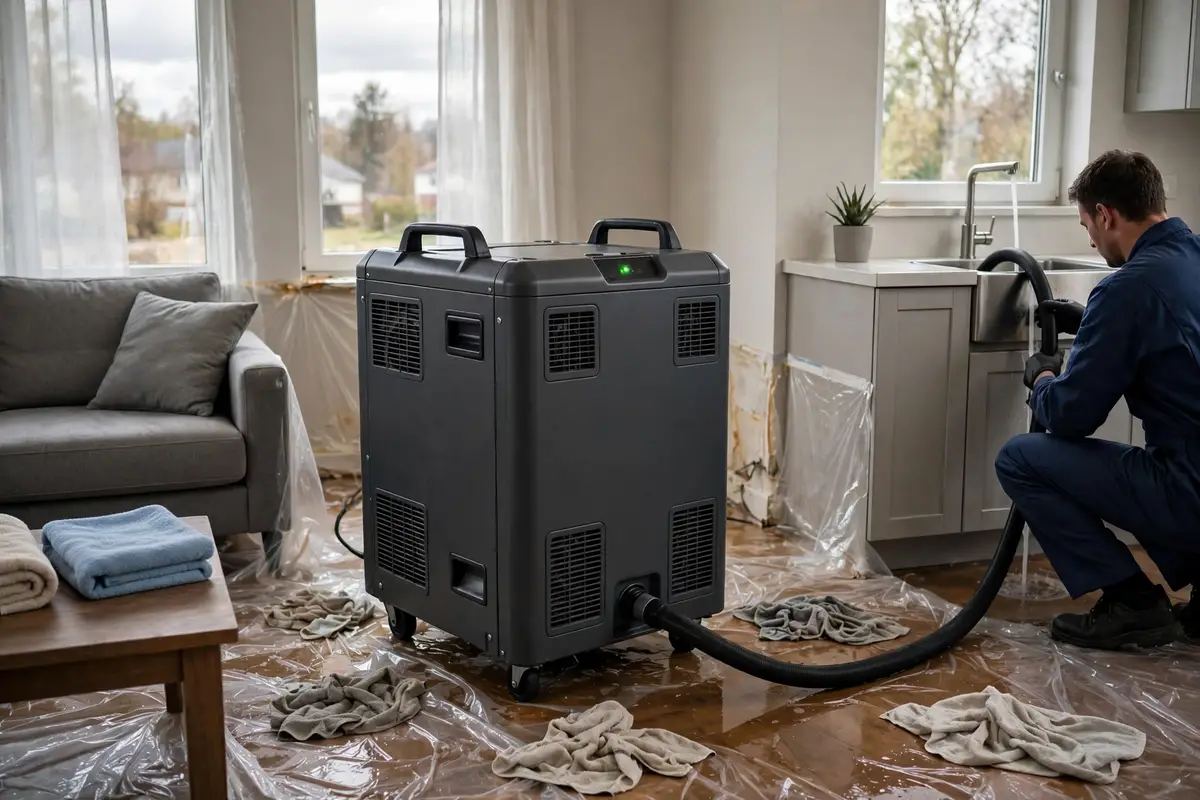 Dehumidifier running in a room after water damage