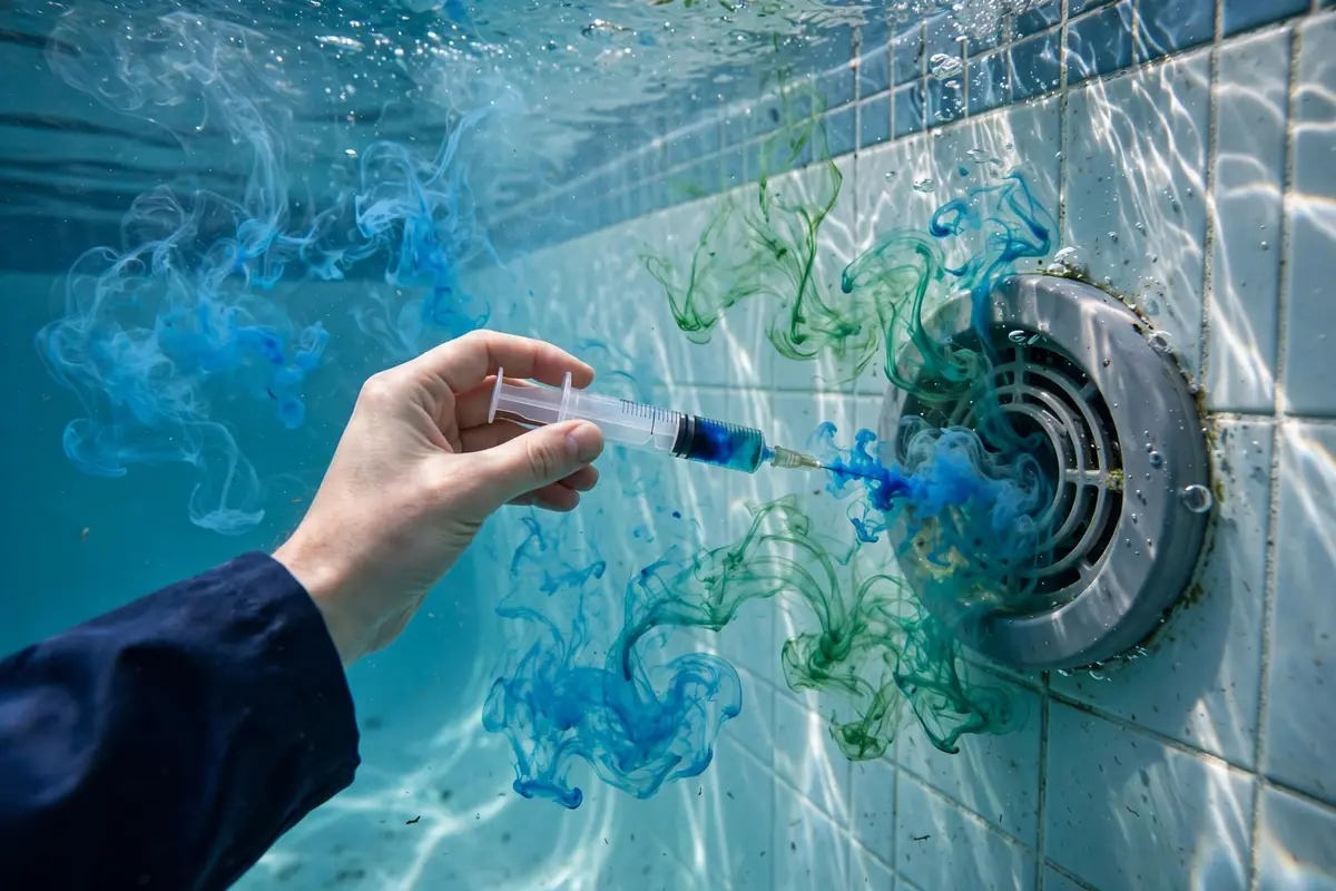 Dye test syringe tracing a pool leak near a fitting