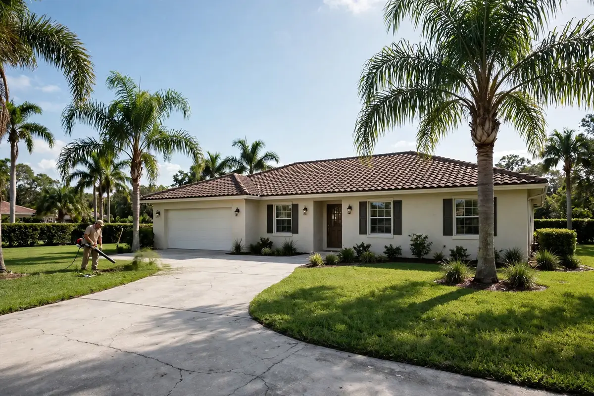Single story Florida home with palm trees