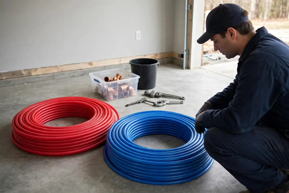 Coils of red and blue PEX tubing ready for a reroute