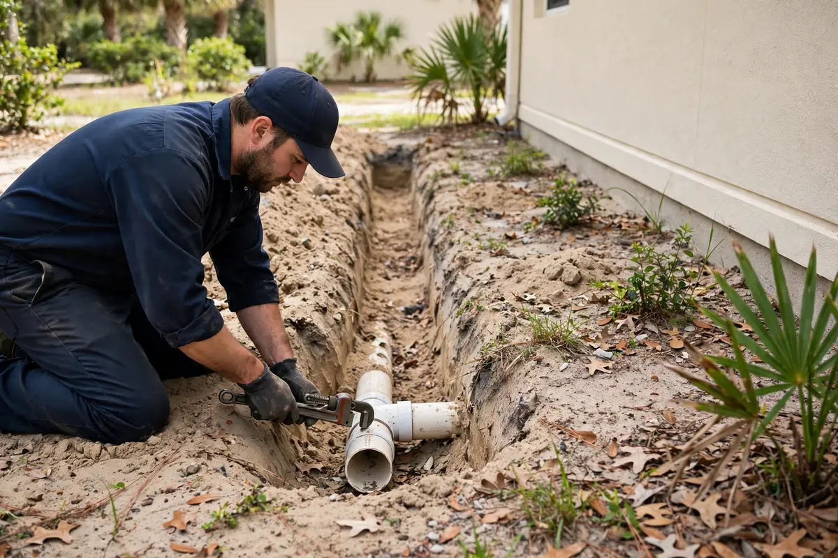 Shallow trench in sandy Florida soil beside a home