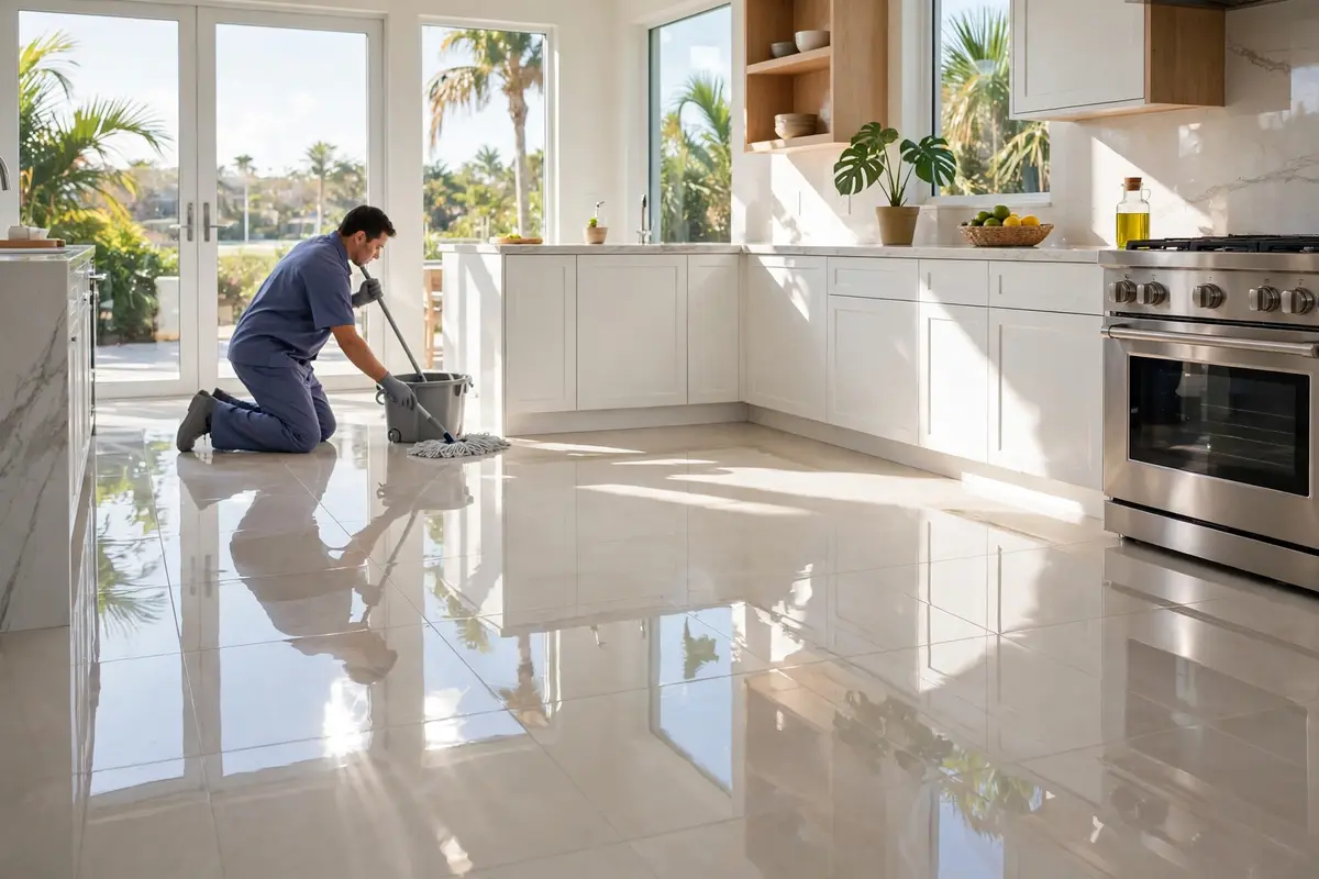 Glossy tile floor in a Florida home kitchen