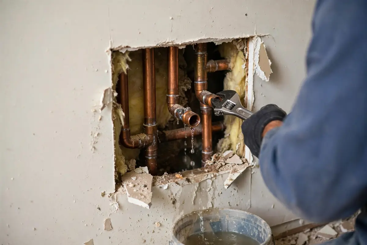Small wall opening revealing pipes during a leak repair