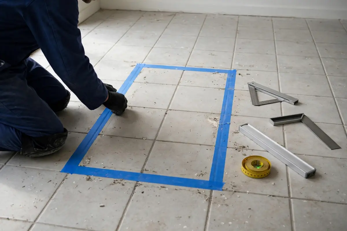 Floor area measured and marked to define the repair scope
