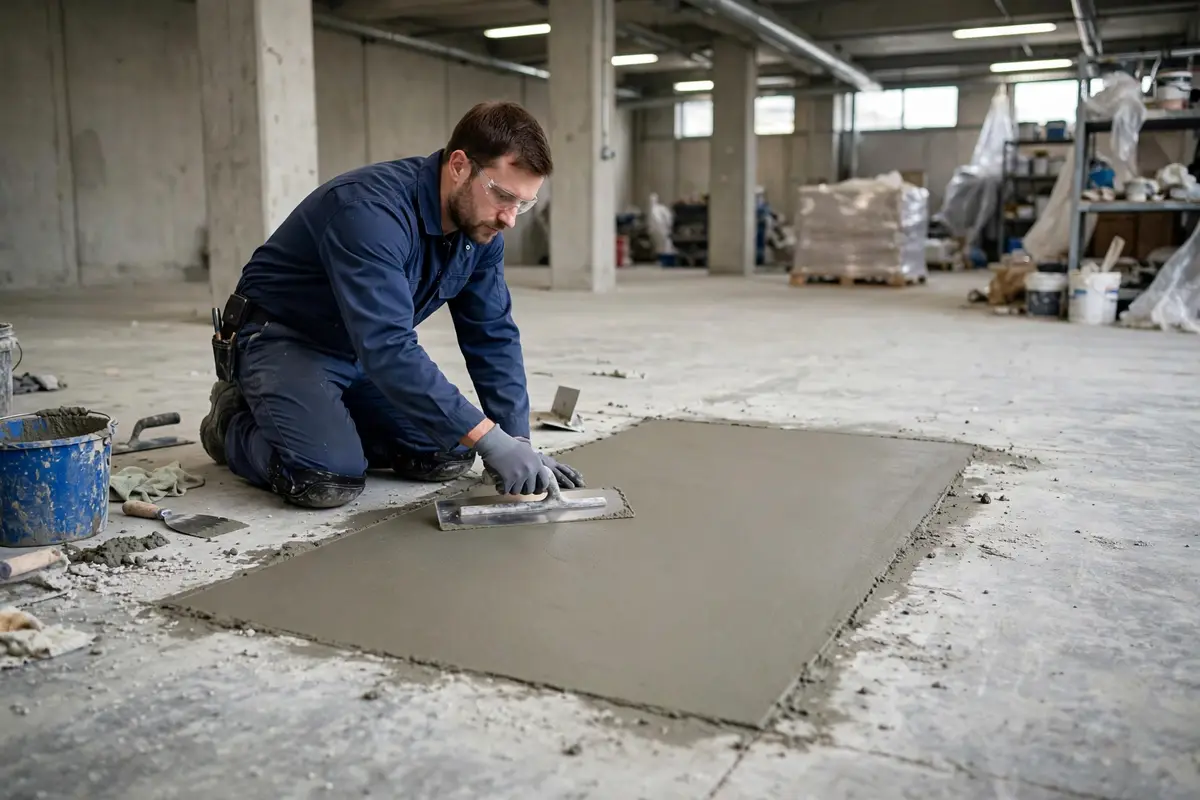 Technician finishing a slab repair and smoothing the concrete patch