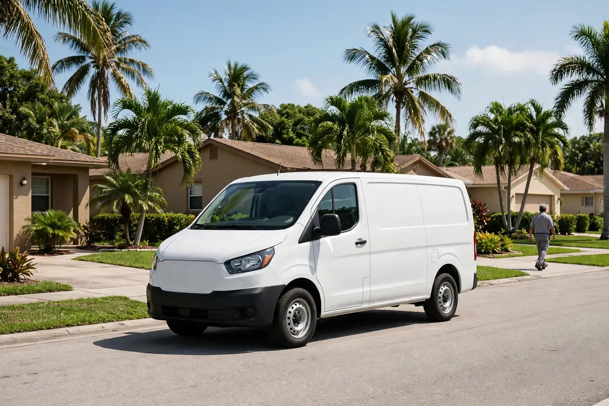Leak detection service van driving through a Bradenton FL neighborhood