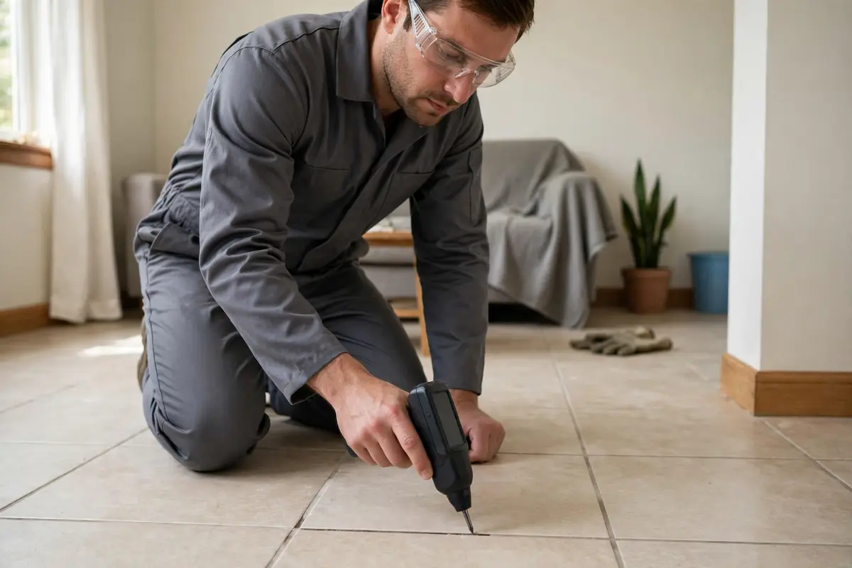 Technician checking a floor with a moisture meter