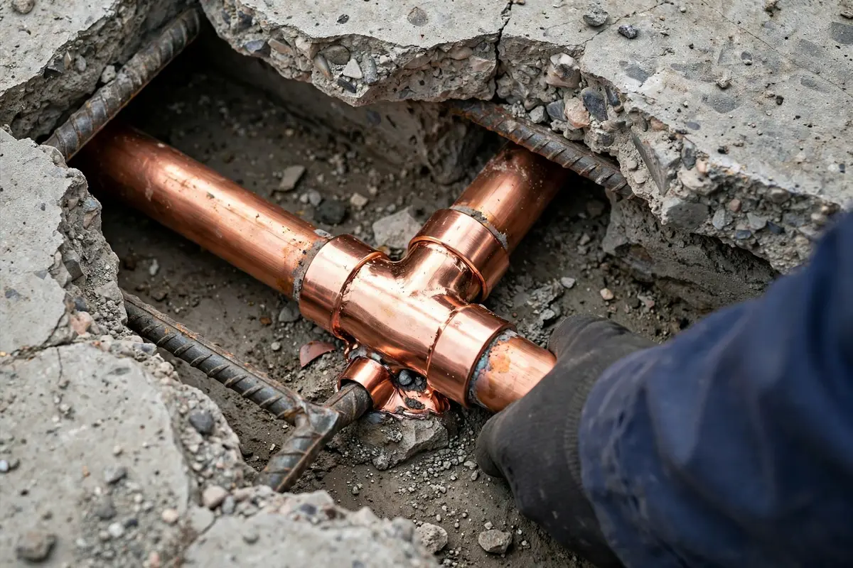 Repaired pipe joint inside an opened slab